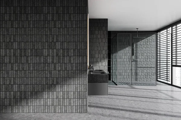 Innenraum Des Stilvollen Badezimmers Mit Grauen Fliesenwänden Duschkabine Mit Glaswänden — Stockfoto