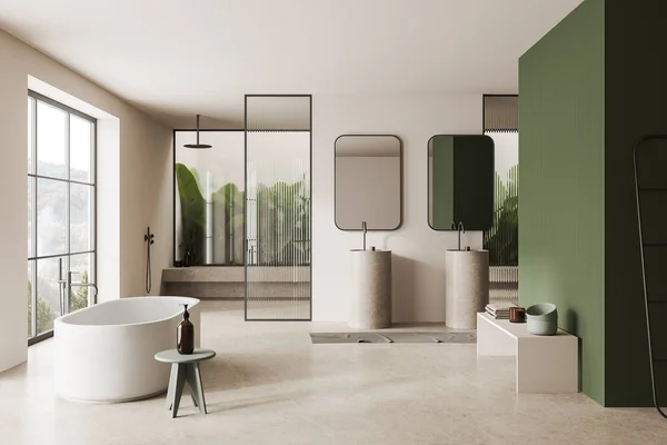 Interieur Van Moderne Badkamer Met Witte Groene Muren Betonnen Vloer — Stockfoto