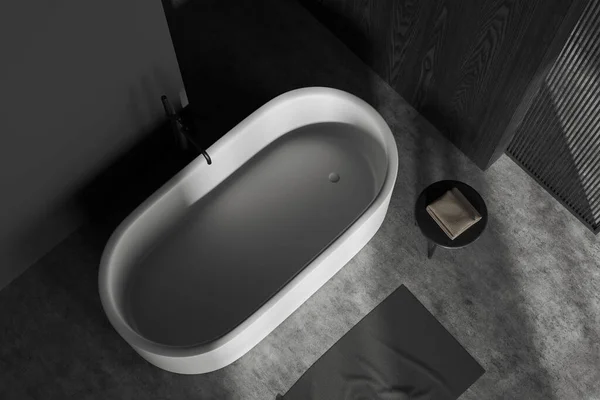 Vista Superior Elegante Banheiro Com Paredes Madeira Cinza Escura Piso — Fotografia de Stock