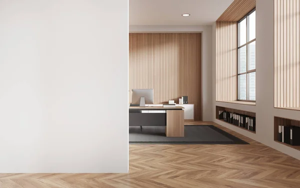 Interior Modern Ceo Office Beige Wooden Walls Wooden Floor Comfortable — Stock Photo, Image