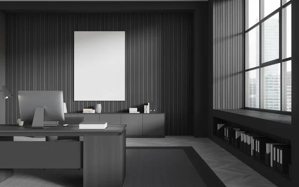 Interior Stylish Ceo Office Gray Dark Wooden Walls Wooden Floor — Stock Photo, Image