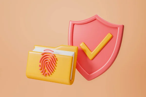 View Yellow Folder Red Fingerprint Red Shield Tick Beige Background — Stock Photo, Image
