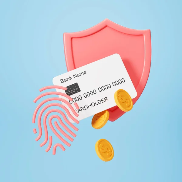 View Credit Card Fingerprint Pink Shield Dollar Coins Them Blue — Stock Photo, Image