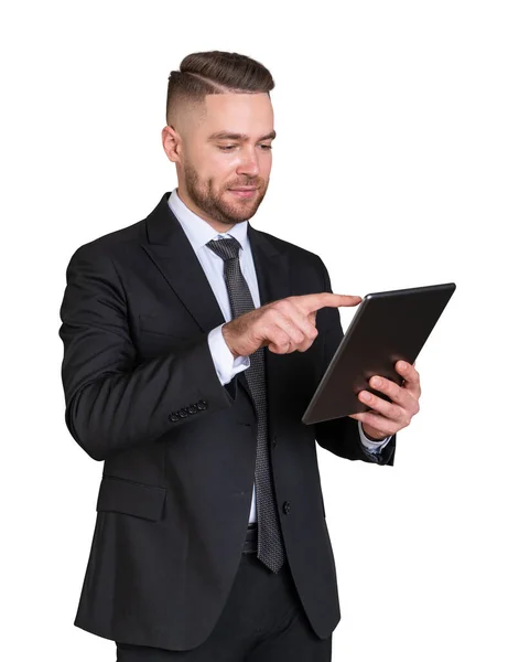 Retrato Barbudo Jovem Empresário Europeu Terno Usando Tablet Computador Isolado — Fotografia de Stock