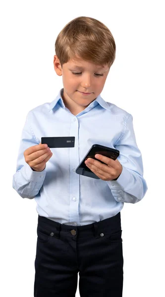 Porträtt Bedårande Liten Pojke Formella Kläder Innehav Smartphone Och Kreditkort — Stockfoto