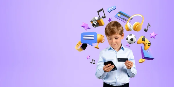 Elinde Telefon Kredi Kartıyla Gülümseyen Çocuk Eğlence Ikonları Video Oyunları — Stok fotoğraf