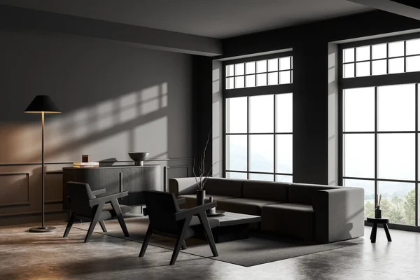グレーの壁 コンクリートの床 快適なグレーのソファとコーヒーテーブルと暗い木製のドレッサーの近くに立ってアームチェアとスタイリッシュなリビングルームのコーナー 3Dレンダリング — ストック写真