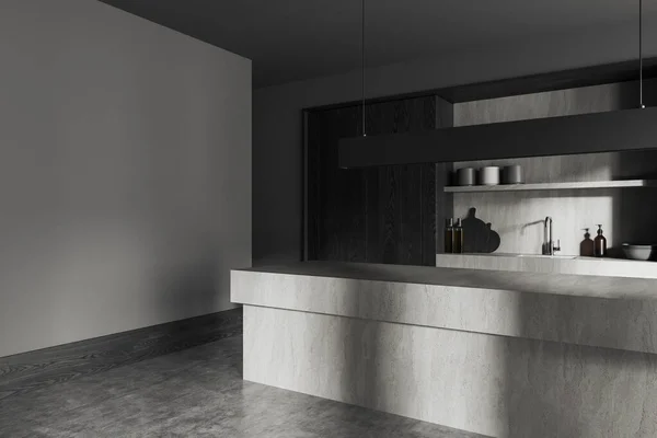 风格时尚的厨房角落 有灰暗的木制墙壁 混凝土地面 内嵌有沉淀池的橱柜和巨大的石岛 左边的空白墙壁 3D渲染 — 图库照片