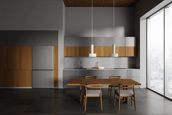 Interior Cozinha Moderna Com Paredes Cinzentas Piso Azulejos Escuros Armários — Fotografia de Stock