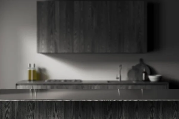 黑色和黑色的木制桌子为您的产品站在模糊的厨房与灰色墙壁和黑暗的木制橱柜和橱柜内置水池和炊具 3D渲染 复制空间 — 图库照片