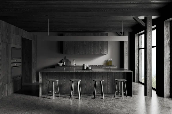 Interior Stylish Kitchen Gray Walls Concrete Floor Dark Wooden Cabinets — Stock Photo, Image