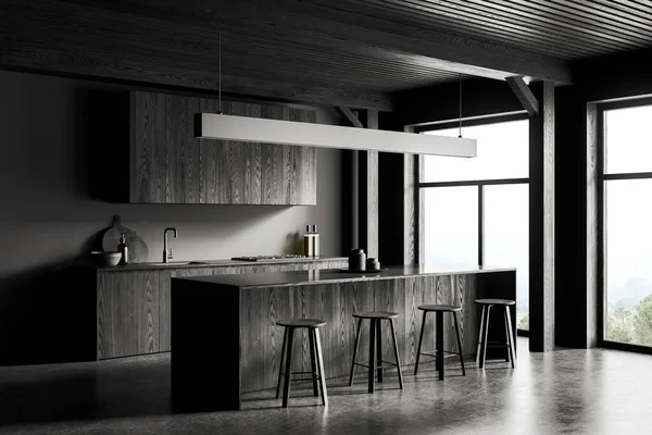 Corner Stylish Kitchen Gray Walls Concrete Floor Dark Wooden Cabinets — Stock Photo, Image