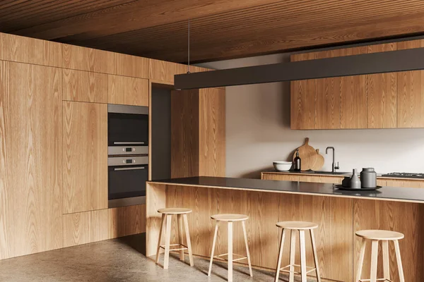 Sudut Dapur Modern Dengan Dinding Putih Lantai Beton Lemari Kayu — Stok Foto