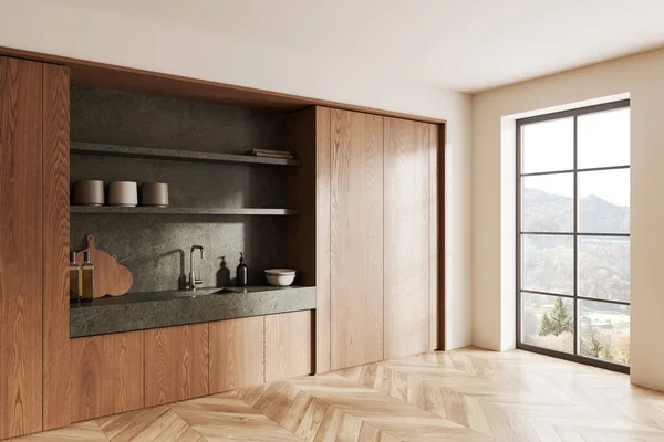 现代化厨房的拐角处 有白色和木制墙壁 木制地板 带有石制台面的木制橱柜和水池 有山景的窗户 3D渲染 — 图库照片