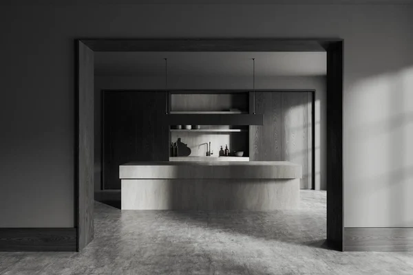 Interior Elegante Cocina Con Paredes Madera Gris Oscura Suelo Hormigón —  Fotos de Stock