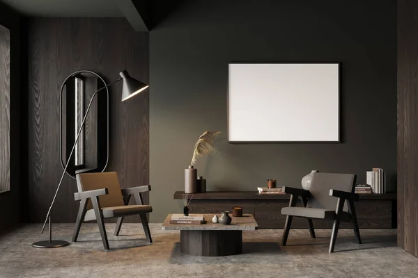 Interior Stylish Living Room Gray Dark Wooden Walls Two Gray — Stock Photo, Image
