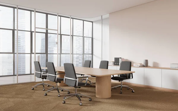 Corner of modern office meeting room with light pink walls, brown carpeted floor, long conference table and gray chairs. Panoramic window. 3d rendering