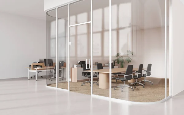 Ecke Des Modernen Büro Besprechungsraums Mit Hellrosa Und Gläsernen Wänden — Stockfoto