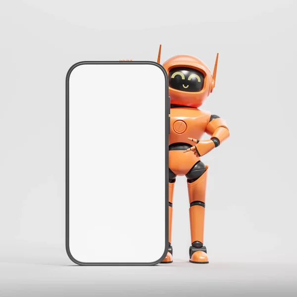Robot Inteligencia Artificial Naranja Negro Apuntando Pantalla Del Teléfono Inteligente — Foto de Stock