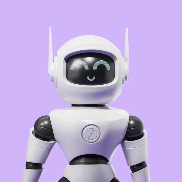在紫色背景上看到可爱的黑白人工智能机器人 机器学习的概念和未来的技术 3D渲染 — 图库照片