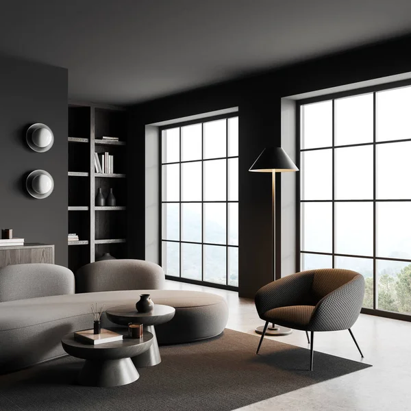 有灰色墙壁 混凝土地板 舒适的灰色沙发和扶手椅 两张圆形咖啡桌和深色木制书柜的时尚客厅角落 3D渲染 — 图库照片