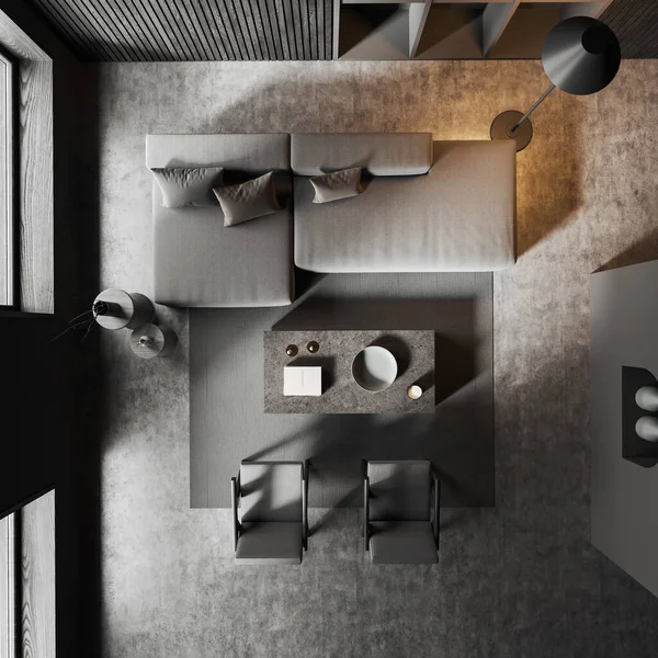 Pemandangan Atas Ruang Tamu Modern Dengan Dinding Abu Abu Dan — Stok Foto
