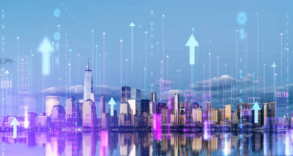 Panorama Der Modernen Stadtsilhouette Mit Doppelter Belichtung Der Pfeile Und — Stockfoto