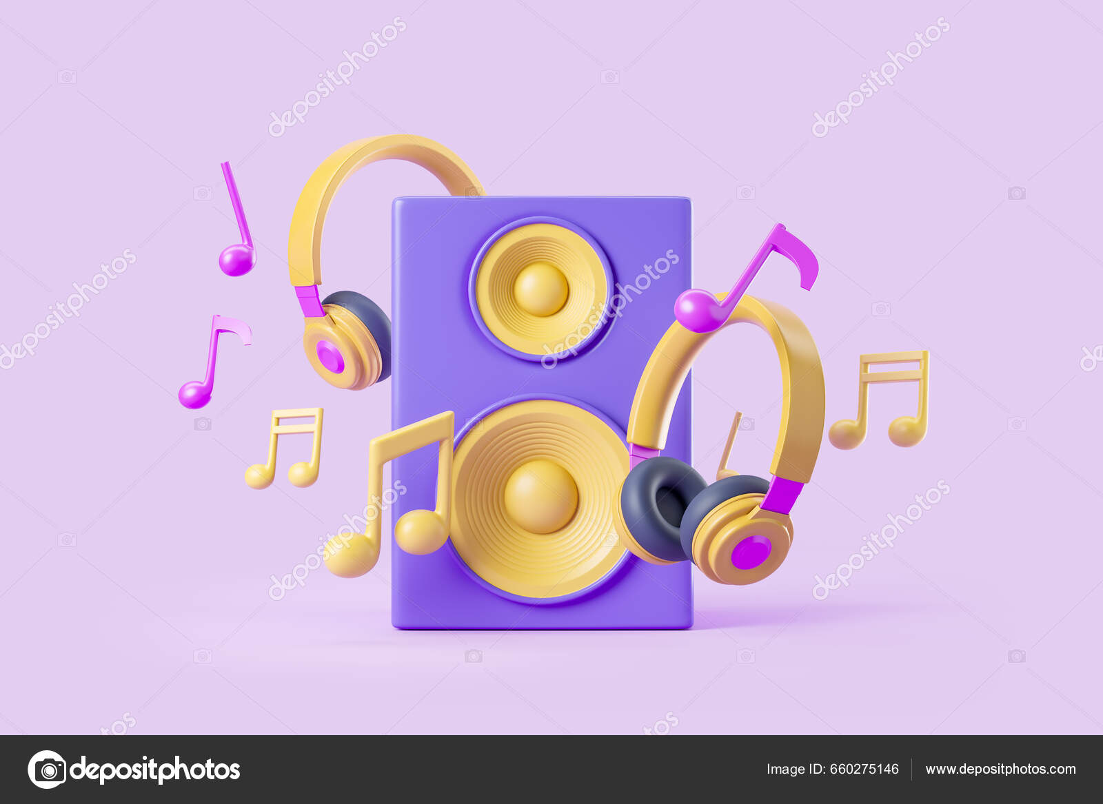 扬声器和耳机紫色背景的彩色音符音乐和倾听的概念3D渲染——图库图片© denisismagilov #660275146, image size:1600x1167