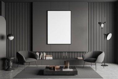 İçinde iki koltuk, kahve masası ve şık dekorasyonlu bir şifoniyer ve gri beton zeminde halı olan koyu renk bir oturma odası. Boş bir poster hazırla. 3B görüntüleme