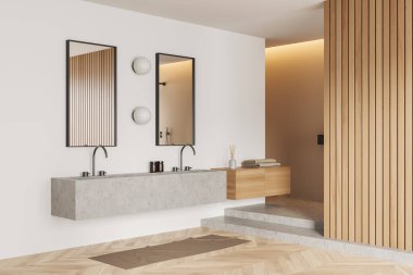 Beyaz banyo içi çift lavabo ve güverte, yan manzara, parke zemin ve beton merdivenler. Ahşap rafta banyo aksesuarları olan bir otel alanı. 3B görüntüleme