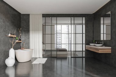 Karanlık otel stüdyosunun içinde köşede küvet, aynalı çift lavabo. Panoramik pencerenin yanında yatağı ve şehir gökdelenleri olan dinlenme bölgesi. 3B görüntüleme