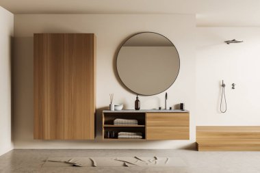 Banyonun içi lavabo ve duşla dolu. Minimalist banyo aksesuarları ve hafif beton zeminde ayak havlusu olan bir giysi. 3B görüntüleme