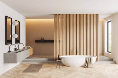 Parlak banyo manzaralı küvet, iki ayna, panoramik pencere, beyaz duvarlar, ahşap bölme, meşe ahşap zemin, lavabo, halı. Su arıtma kavramı. 3d oluşturma