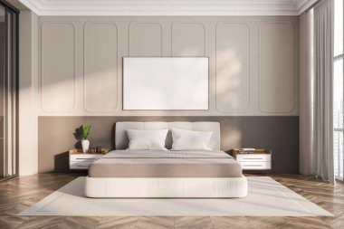 Bej yatak odası iç kısmı, halıda çarşaf, modern sanat dekorasyonlu komodin, gökdelenlerde panoramik pencere, parke zeminde halı. Tuvalin posterini hazırla. 3B görüntüleme