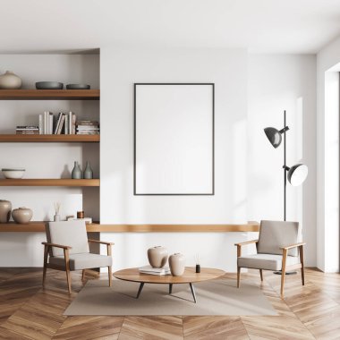 Parlak oturma odasının önü boş beyaz poster, koltuklar, sehpa, meşe ağacından ahşap döşeme, halı ve kitaplarla dolu raflarla dolu. Minimalist tasarım kavramı. Model yap. 3d oluşturma