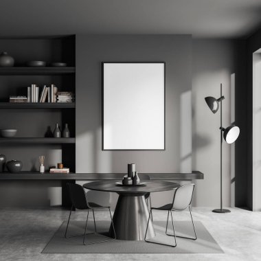 Oturma odasının içinde yemek masası ve sandalyeler, gri beton zeminde halı. Sanat dekorasyonu ve kitapları olan minimalist bir raf. Tuvalin maketi posteri. 3B görüntüleme