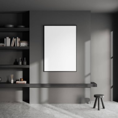 Karanlık oturma odasının içi siyah ahşap çatı katı rafı ve sanat dekorasyonu, ön manzara, gri beton zeminde tabure. Tuvalin posterini hazırla. 3B görüntüleme