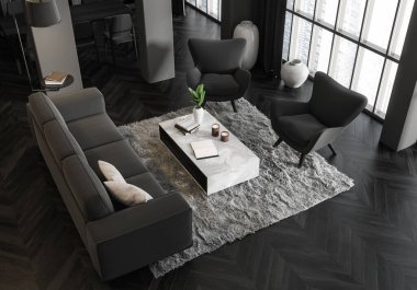 Koyu renk oturma odasının içi kanepe ve kahve masalı koltuklarla dolu. Ahşap zeminde masa ve sandalyeler olan yemek odası. Singapur gökdelenlerinin panoramik penceresi. 3B görüntüleme