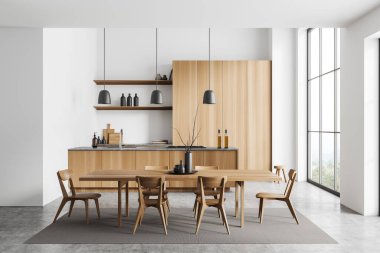 Beyaz mutfak masası, halı, bar adası, gri beton zemin. Kırsal kesimde panoramik pencereli yemek ve yeme alanı. 3B görüntüleme