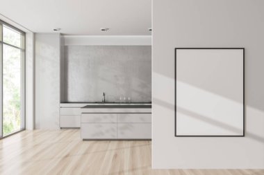 Beyaz mutfak içi, ahşap zeminde şifonyeri olan bar tezgahı. Tropik bölgelerde mutfak eşyaları ve panoramik pencere. Tuvalin maketi posteri. 3B görüntüleme