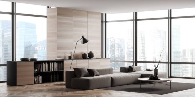 Odanın içi ahşap, kanepe, yan manzara, sehpa ve ahşap zemin süslemeli şifonyer. Singapur şehir manzarasında panoramik pencereli şık bir dinlenme alanı. 3B görüntüleme