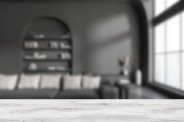 Karanlık oturma odasının önü. Reklamcılık, kanepe, panoramik pencere, beton zemin, kitaplarla dolu raflar için iyi bir görüntü. Minimalist tasarım kavramı, modern sanat. 3d oluşturma