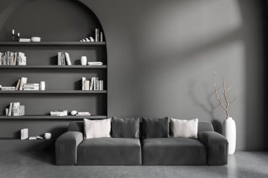Oturma odasının içi, kanepe, tavan arası, kitaplar, dekorasyon, gri beton zemin. Modern mobilyalarla dinlenme alanı. Model boş gri duvar. 3B görüntüleme
