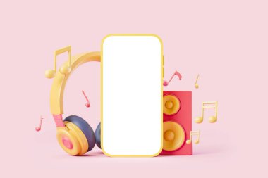 Akıllı telefon boş model ekran, hoparlör ve kulaklık, pembe arka planda renkli notlar. Yayın ve mobil uygulama kavramı. 3B görüntüleme