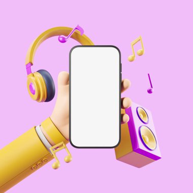 Çizgi filmlerde kullanılan akıllı telefonlar, büyük boş maket ekranlar, kulaklıklar ve pembe arka planda notları olan hoparlörler. Müzik uygulaması ve çalma listesi kavramı. 3B görüntüleme