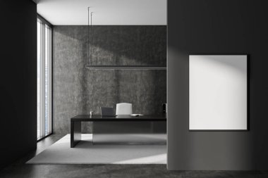 Karanlık ceo masası, dizüstü bilgisayar, gökdelenlerin panoramik penceresi. Ofis aletleriyle dolu bir işyeri. Model uzay posteri. 3B görüntüleme