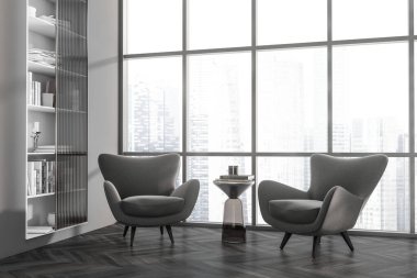 İçi karanlık oturma odası, iki koltuk, yan görüş, kitaplarla dolu raf ve ahşap zemin. Singapur gökdelenlerinin panoramik penceresi. 3B görüntüleme