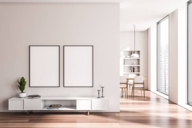 İçinde büfe olan bej bir oturma odası, sandalyeli ve masalı toplantı alanı, dekorasyonlu raflar. Şehrin gökdelenlerinin panoramik penceresi. İki maket poster. 3B görüntüleme