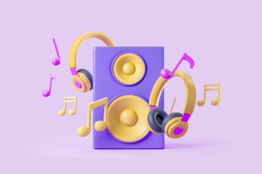 Hoparlör ve kulaklıklar, mor arka planda renkli notlar. Müzik ve dinleme kavramı. 3B görüntüleme