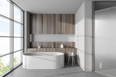 Duş, küvet, kırsal manzaralı panoramik pencere, beyaz duvarlar, beton zemin, tabure, lavabo. Su arıtma kavramı. 3d oluşturma